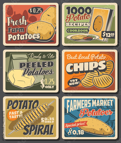 Potato meals and vegetable farm harvest banners. Ripe and peeled potatoes, chips spiral and street food meal menu vector. Farmer market product, fast food dishes retro posters with vintage typography
