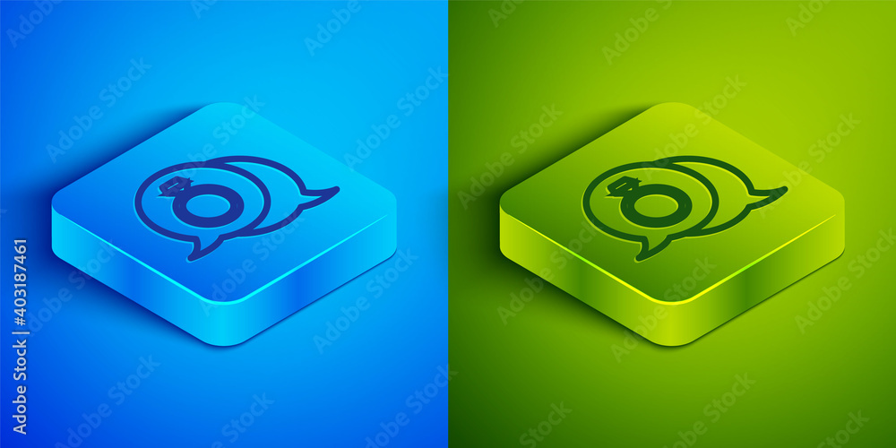 Isometric line Diamond engagement ring icon isolated on blue and green background. Square button. Vector. Isometric line Diamond engagement ring icon isolated on blue and green background. Square button. Vector.