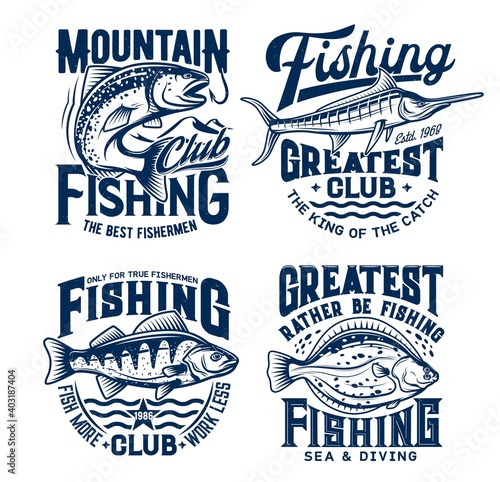Fishing sport t-shirt prints set. Vector salmon, perch, flounder and marlin, mascot for sea adventure club. Nautic grunge t-shirt emblem, ocean sports team apparel template design with fishes on waves