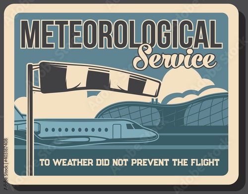 Airport meteorological and navigation service. Private jet, passenger business airplane and international airport flight terminal building, windsock vector. Airline or aviation industry retro banner