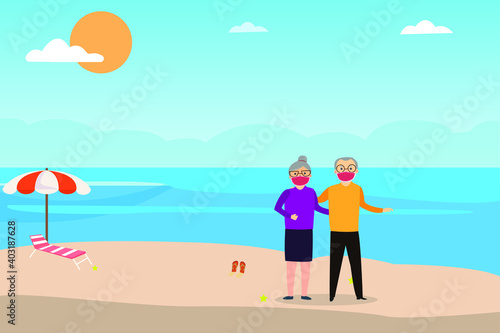 Holiday in new normal vector concept: Old couple enjoying holiday in the beach together while wearing face mask