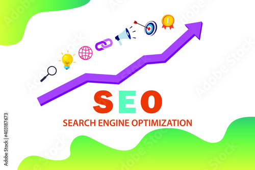 SEO vector concept. Search Engine Optimization with graph and magnifying glass, lightbulb, back link chain, megaphone, and dartboard