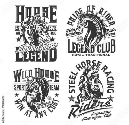 Horse racing t shirt prints, equestrian sport and motorcycle biker club vector icons. Royal equestrian hippodrome rides, motorcycle bikers club and polo team badges of heraldic horse for t-shirt print