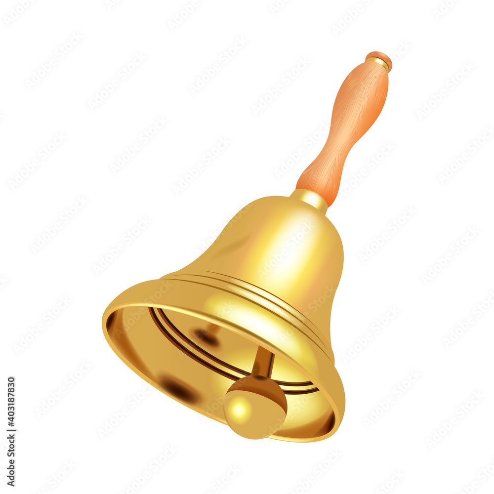 Golden bell with a wooden handle. Vector isolated image on white background.