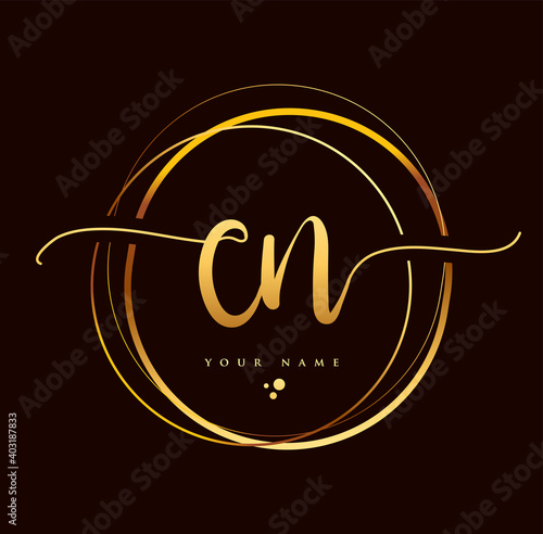CN Initial handwriting logo golden color. Hand lettering Initials logo branding, Feminine and luxury logo design isolated on black background.