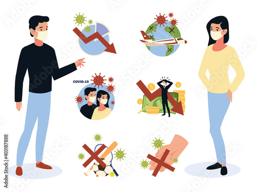 covid 19 crisis coronavirus impact, global economy, contact people, sport events and financial crisis