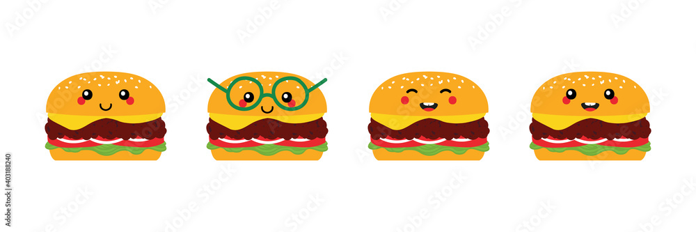 Set, collection of cute and smiling cartoon style cheeseburger, burger characters for fast food design. Set, collection of cute and smiling cartoon style cheeseburger, burger characters for fast food design.