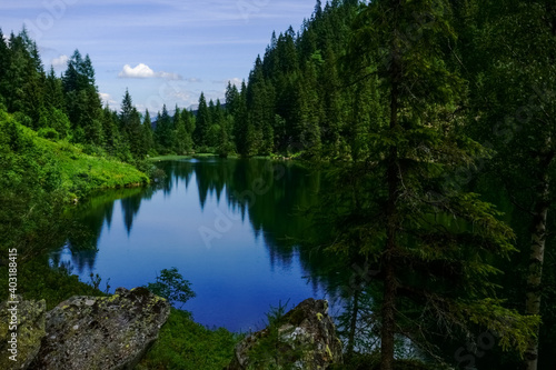 Fototapeta Naklejka Na Ścianę i Meble -  beautiful reflection from the sky and trees in a mountain lake