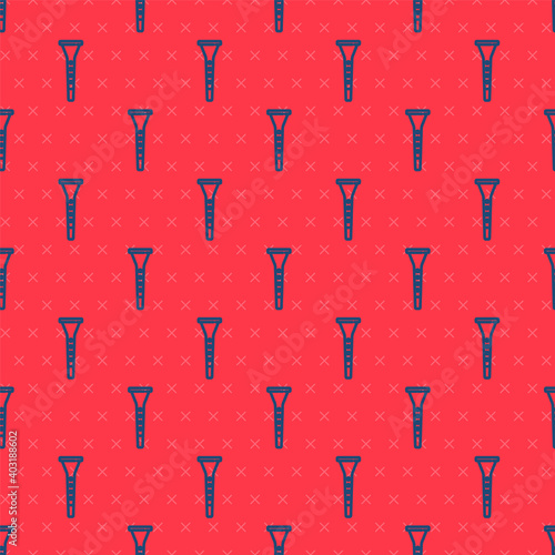 Blue line Clarinet icon isolated seamless pattern on red background. Musical instrument. Vector.