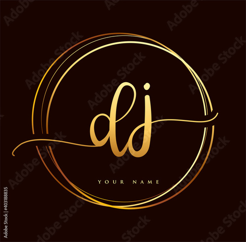 DJ Initial handwriting logo golden color. Hand lettering Initials logo branding, Feminine and luxury logo design isolated on black background.