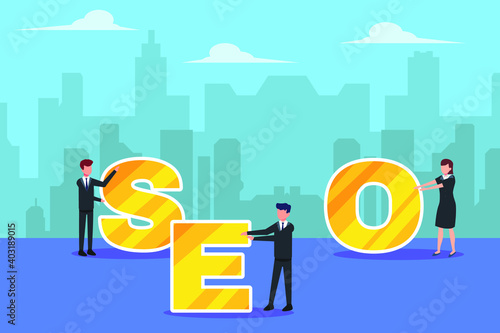 Search Engine Optimization vector concept. Business team arrange SEO text with a city background
