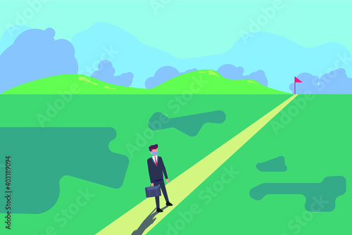 Business goal concept. Businessman in face mask walking on the road towards success flag