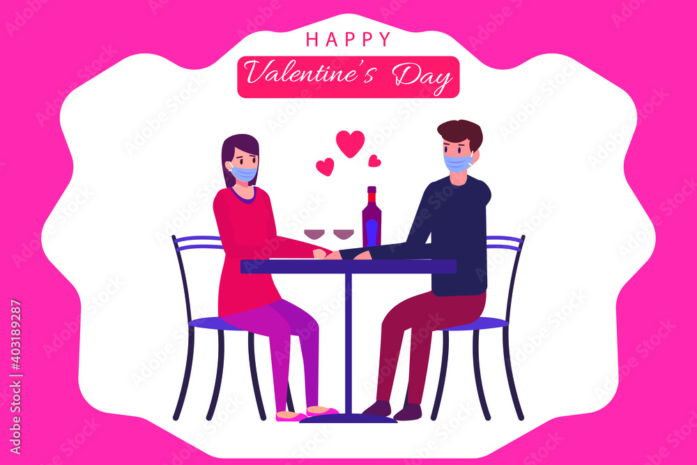 Cartoon couple wearing face mask enjoy romantic date drink wine together celebrate valentine's day