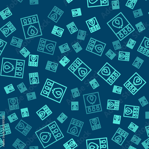 Green line Open matchbox and matches icon isolated seamless pattern on blue background. Vector.