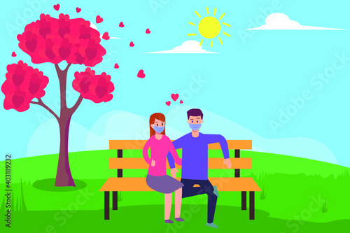 Happy couple in face mask sitting on the bench at the park with heart symbol