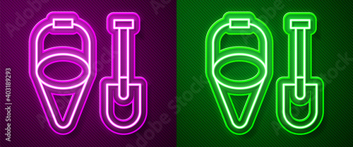Glowing neon line Fire shovel and cone bucket icon isolated on purple and green background. Vector.