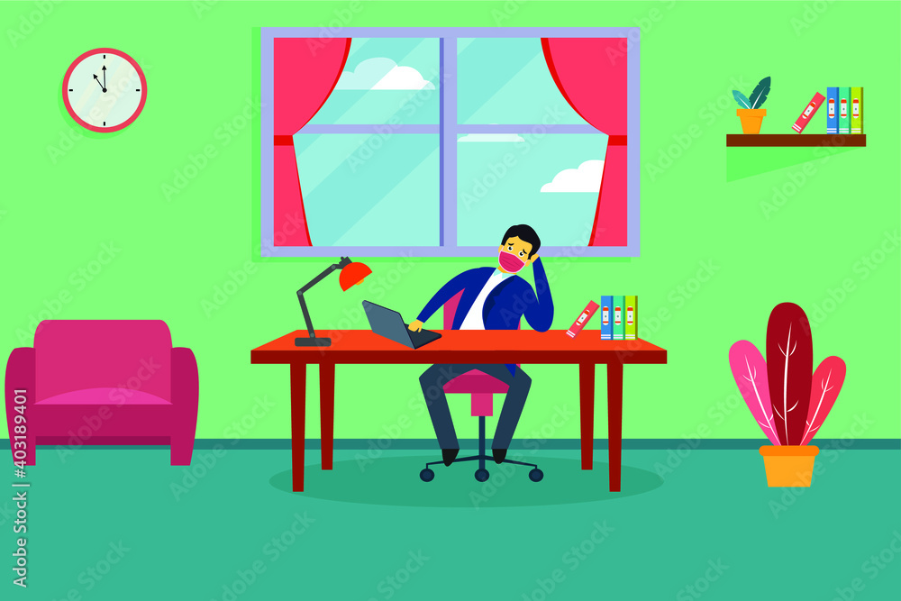 Quarantine vector concept: Young businessman feeling bored working from home while sitting with laptop Quarantine vector concept: Young businessman feeling bored working from home while sitting with laptop