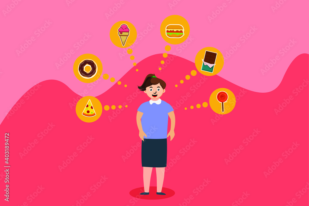 Diet vector concept: Fat woman imagining junk food over her head with various of foods Diet vector concept: Fat woman imagining junk food over her head with various of foods