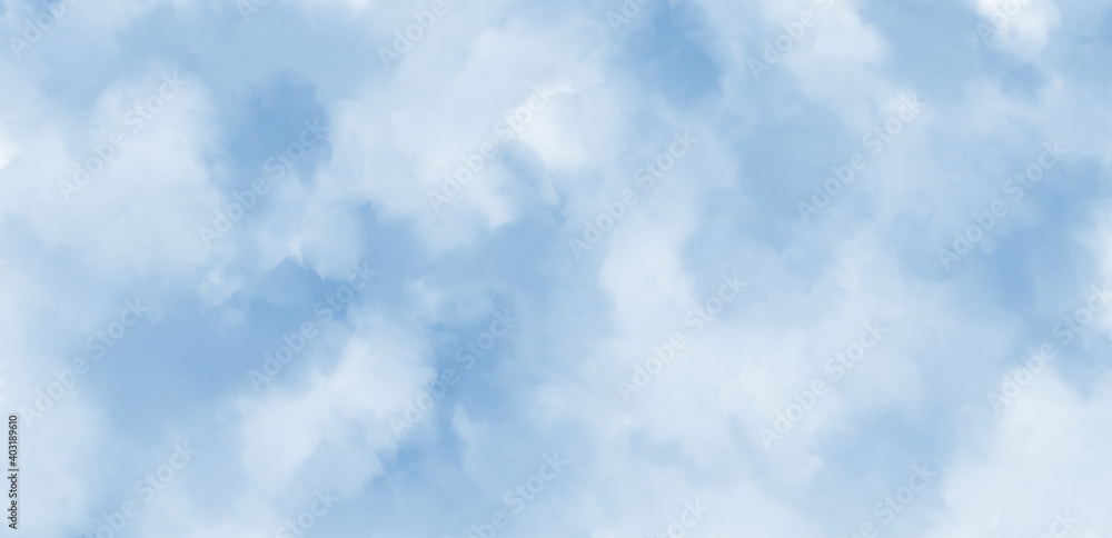 Abstract heavenly watercolor background in blue and white colors. Copy space, horizontal banner..