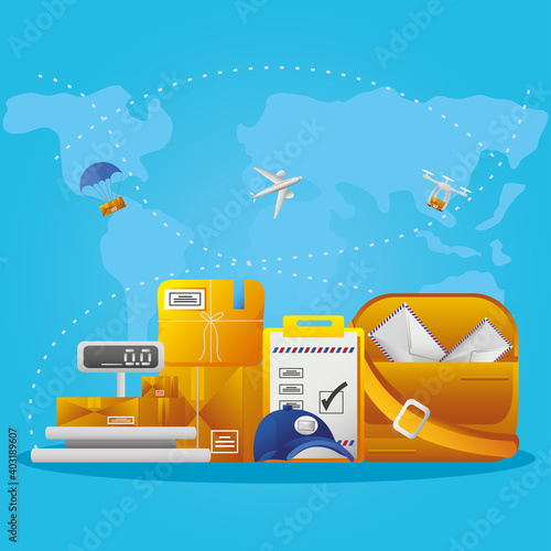 postal service weight scale packages mail bag cardboard boxes logistic and transport on blue map background