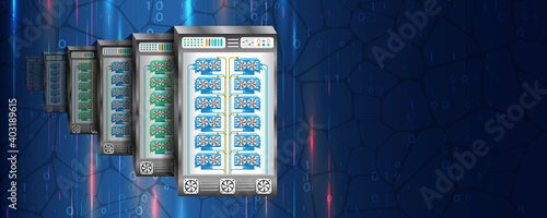 Cryptocurrency mining equipment. Blockchain system dark blue vector illustration. Abstract mining concept. Web banner of digital currency. Video card server farm.