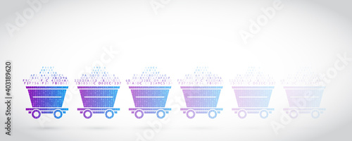 Abstract mining concept with trolleys. Cryptocurrency mining equipment. Blockchain system vector illustration. Web banner of digital currency.