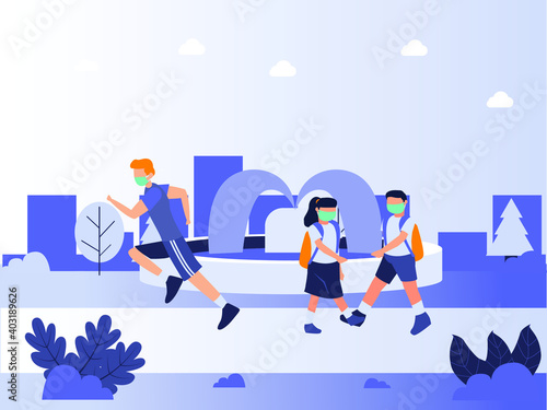 avoid, back to school, backpack, boy, child, concepts, corona, coronavirus, disease, distance, education, elementary, epidemic, face mask, female, foot, friends, friendship, girl, greet, greeting, hea