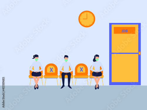 Job search vector concept. Worker candidates in face mask sitting in queue for a job interview