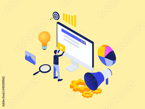 Content marketing isometric vector concept. Man adjusting content marketing on computer monitor