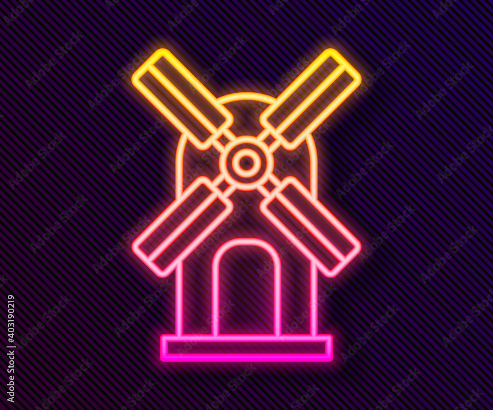 Glowing neon line Wind turbine icon isolated on black background. Wind generator sign. Windmill for electric power production. Vector. Glowing neon line Wind turbine icon isolated on black background. Wind generator sign. Windmill for electric power production. Vector.