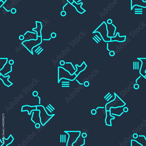 Green line Prosthesis hand icon isolated seamless pattern on blue background. Futuristic concept of bionic arm, robotic mechanical hand. Vector.