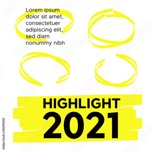 Yellow vector highlighter elements set. Yellow marker text selection