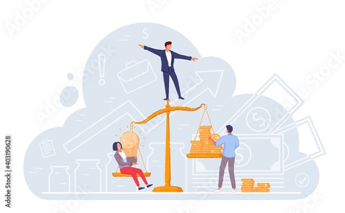 Idea value, solution and expenses balance business concept. People measuring money dollar coin and idea light bulb on weighing scale, cost versus human recourses comparison vector illustration