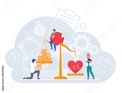 Money and health care insurance balance on business scale. People compare finance cost and healthy life value, making choice decision between wealth and healthcare weight vector illustration