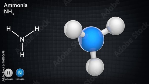 Ammonia (molecular formula: NH3 or H3N) is a colorless alkaline gas. It is formed in the body during decomposition of organic materials. 3D render. Seamless loop. Ball and Stick chemical structure mod