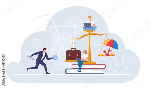 Balance scale between hard office work and rest on vacation. Business people or freelance worker with laptop and imbalance in favor of work, career growth and busy lifestyle vector illustration