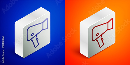 Isometric line Hair dryer icon isolated on blue and orange background. Hairdryer sign. Hair drying symbol. Blowing hot air. Silver square button. Vector.