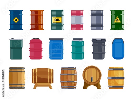 Metal, plastic, wooden barrel capacity tank for liquid set. Different cask for safety storage, delivery shipping hazard fuel, flammable gasoline, oil, wine beer vector illustration isolated on white