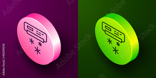 Isometric line Air conditioner icon isolated on purple and green background. Split system air conditioning. Cool and cold climate control system. Circle button. Vector.