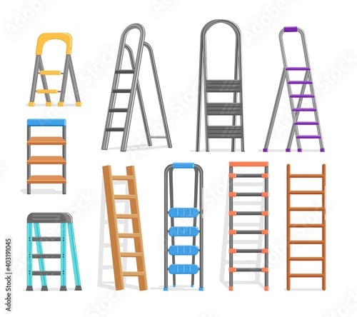 Metal, plastic and wooden stepladder construction tool set. Cartoon staircase or folding step ladder different type for builder, repairman and painter vector illustration isolated on white background