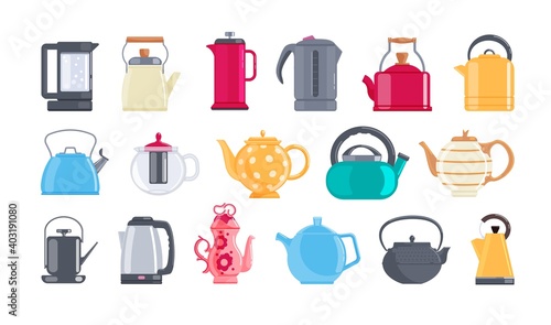 Cartoon teapot water kettle kitchenware for brewing tea set. Modern electric teakettle, vintage and classic porcelain teapot different shape and form vector illustration isolated on white background photo