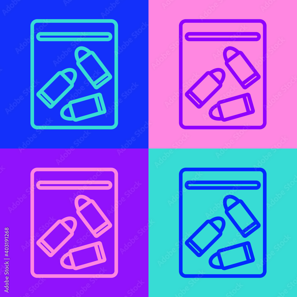 Pop art line Evidence bag and bullet icon isolated on color background. Vector. Pop art line Evidence bag and bullet icon isolated on color background. Vector.