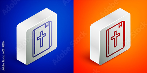 Isometric line Holy bible book icon isolated on blue and orange background. Silver square button. Vector.