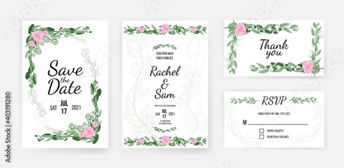 Wedding invitation card template with romantic floral design. Save date  together with family and thank you lettering with flower foliage pattern vector illustration isolated on white background