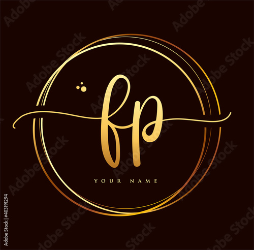 FP Initial handwriting logo golden color. Hand lettering Initials logo branding, Feminine and luxury logo design isolated on black background. photo