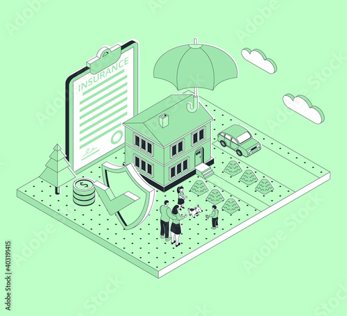 Happy family at home, finance and property insurance service. Contract policy document and insured home, car, parent and kid, family savings under protection from risk isometric vector illustration