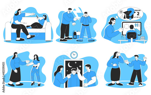 Teenager and parent misunderstanding, problem and trouble. Father mother scolding teenage child having problematic communication, unhappy abuse parenthood vector illustration isolated on white