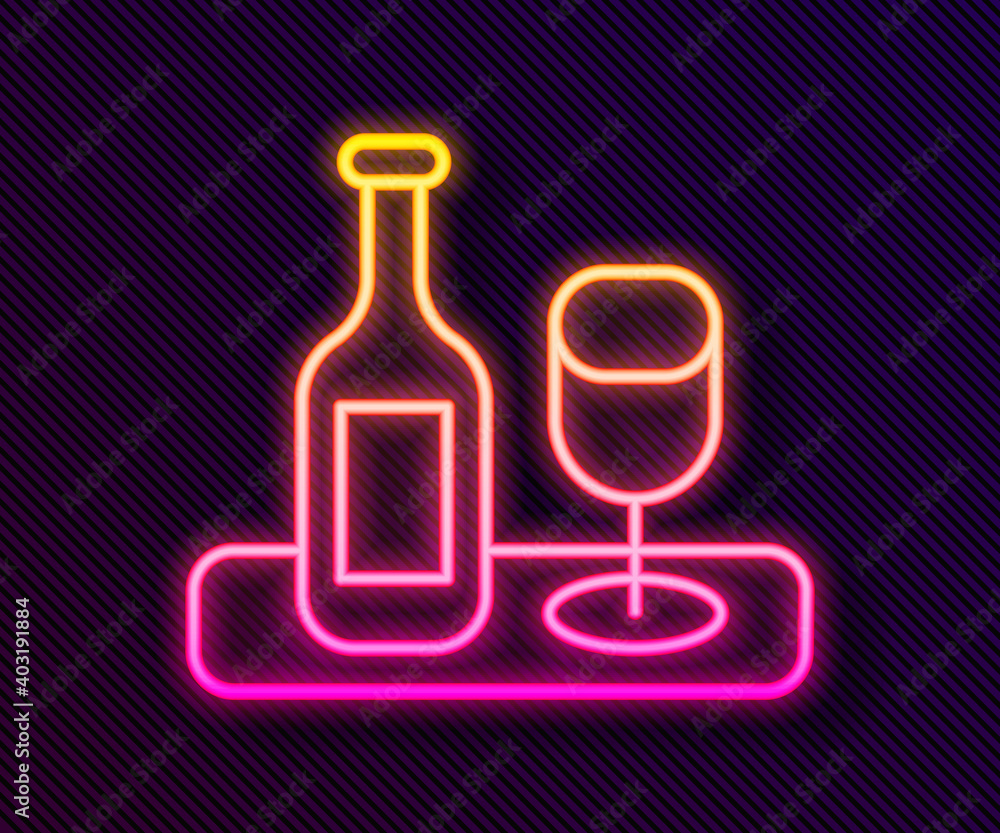 Glowing neon line Wine bottle with glass icon isolated on black background. Vector. Glowing neon line Wine bottle with glass icon isolated on black background. Vector.