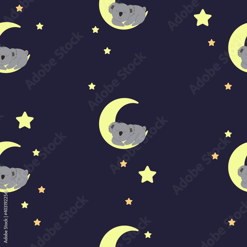 Sleeping koala on the moon among the stars. seamless pattern. Decorative wallpaper for the nursery in the Scandinavian style. Vector. Suitable for children's clothing, interior design, packaging