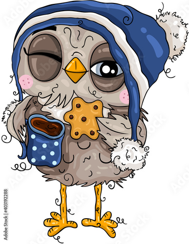 Cute owl with coffee cup and eating a cookie
